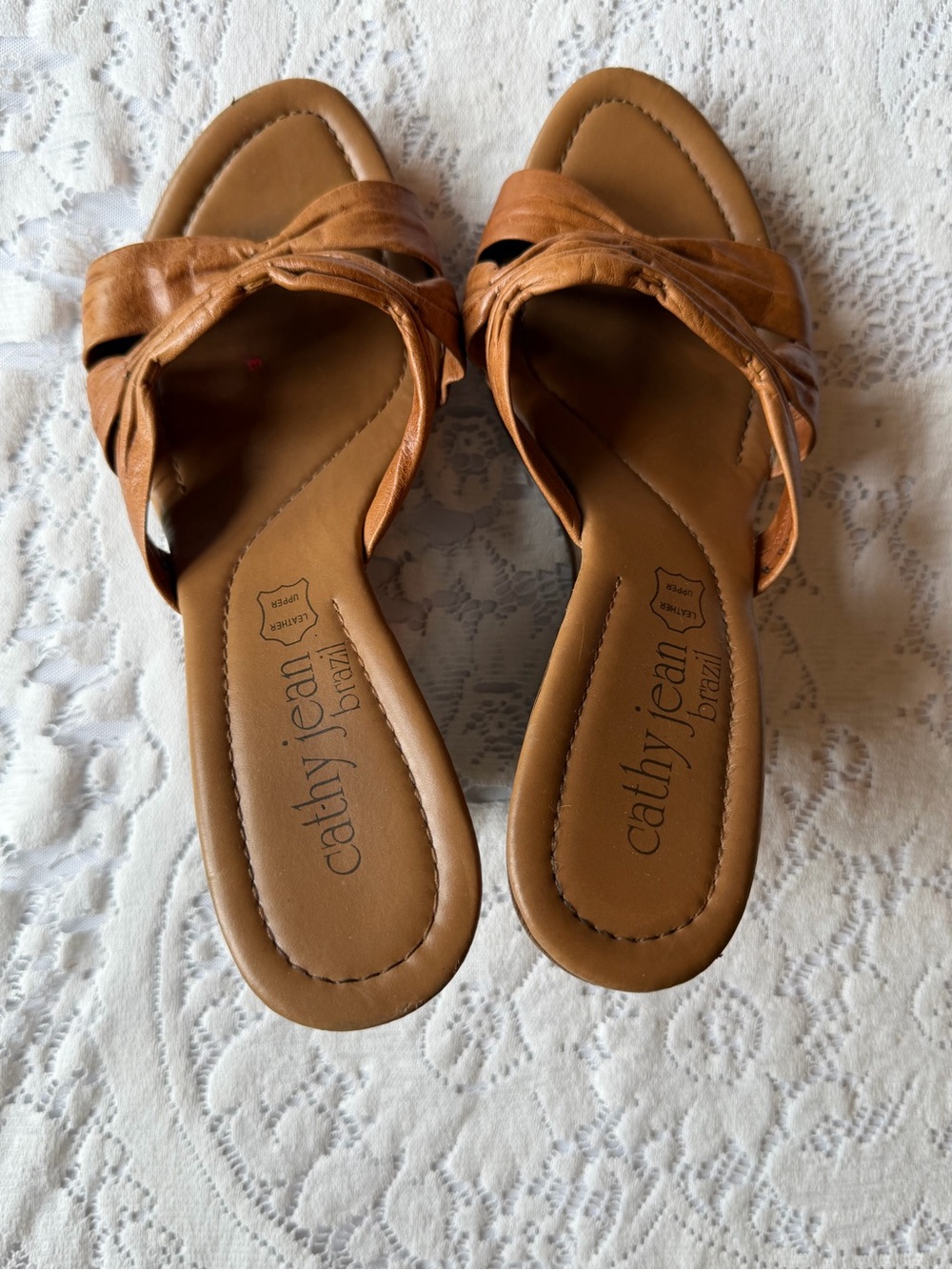Vintage Y2K Cathy Jean Cognac Knotted Leather Wedge Sandals